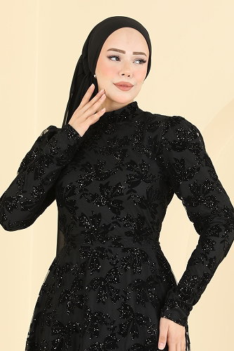 moda selvim Evening Dress 5855EDFK1198 Black - Thumbnail