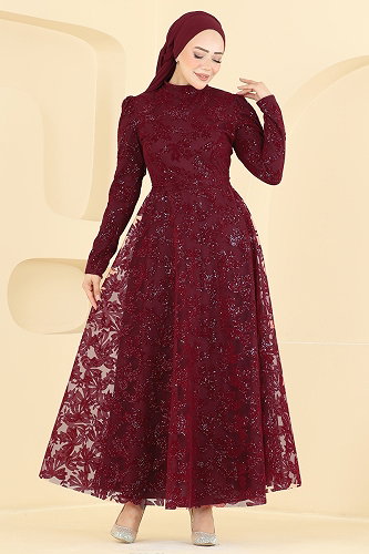 moda selvim فستان سهرة خمري 5855EDFK1198 - Thumbnail