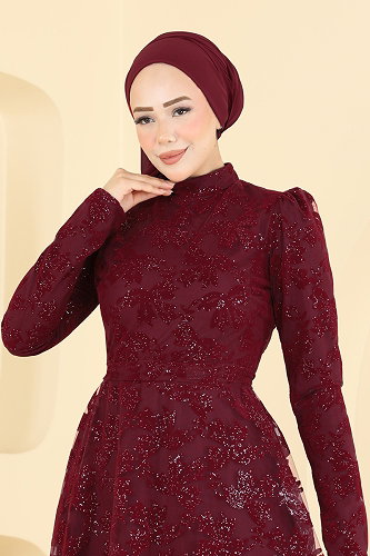 moda selvim فستان سهرة خمري 5855EDFK1198 - Thumbnail