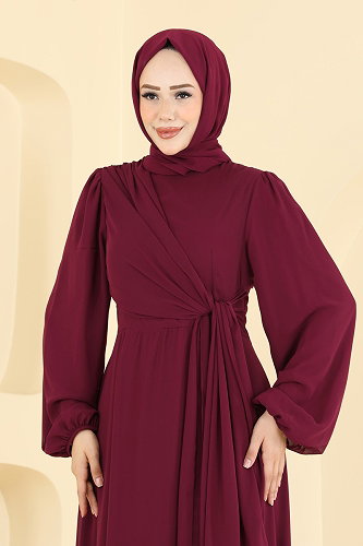 moda selvim Evening Dress 5856EDFK1198 Burgundy - Thumbnail