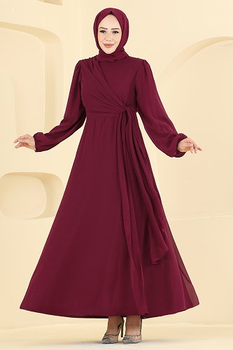 moda selvim فستان سهرة خمري 5856EDFK1198 - Thumbnail