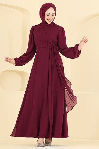moda selvim فستان سهرة خمري 5856EDFK1198 - Thumbnail