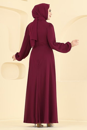 moda selvim فستان سهرة خمري 5856EDFK1198 - Thumbnail