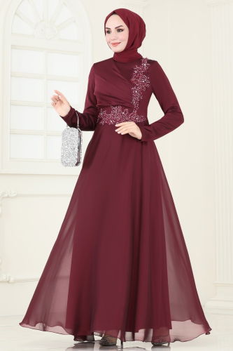 moda selvim Evening Dress 5971AB368 Burgundy - Thumbnail