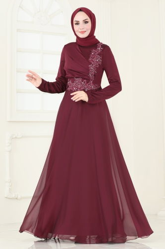 moda selvim Evening Dress 5971AB368 Burgundy - Thumbnail