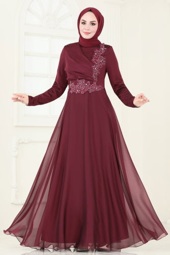 moda selvim Evening Dress 5971AB368 Burgundy - Thumbnail