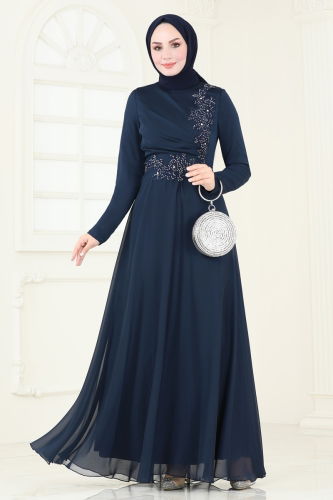 moda selvim Evening Dress 5971AB368 Navy Blue - Thumbnail