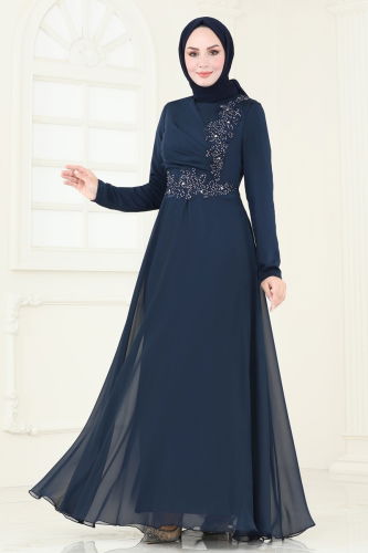 moda selvim Evening Dress 5971AB368 Navy Blue - Thumbnail