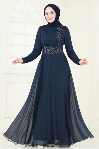 moda selvim Evening Dress 5971AB368 Navy Blue - Thumbnail