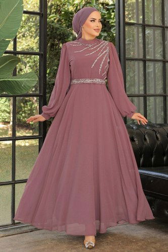 moda selvim Evening Dress 6025LPN858 Rose Dried - Thumbnail