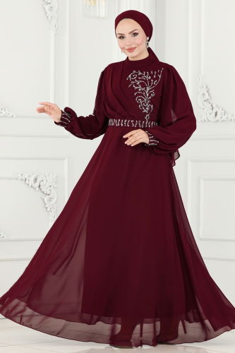 moda selvim Evening Dress 6055LPN858 Burgundy - Thumbnail