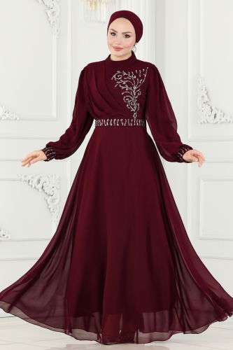 moda selvim Evening Dress 6055LPN858 Burgundy - Thumbnail