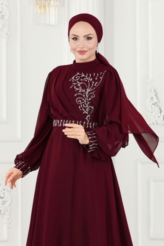 moda selvim Evening Dress 6055LPN858 Burgundy - Thumbnail