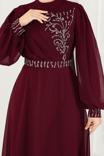 moda selvim Evening Dress 6055LPN858 Burgundy - Thumbnail