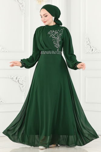 moda selvim Evening Dress 6055LPN858 Emerald - Thumbnail