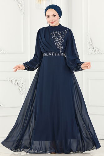 moda selvim Evening Dress 6055LPN858 Navy Blue - Thumbnail