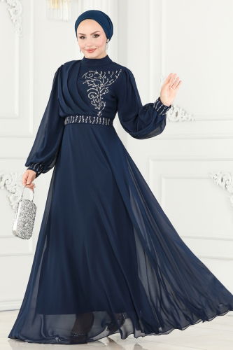 moda selvim Evening Dress 6055LPN858 Navy Blue - Thumbnail