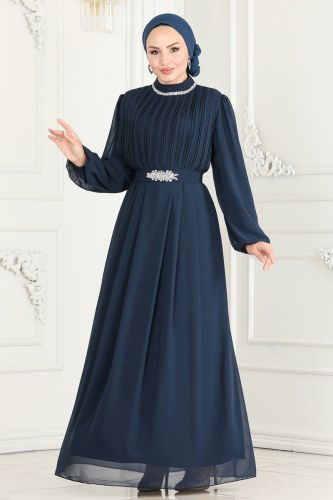 moda selvim Evening Dress 6056LPN858 Navy Blue - Thumbnail