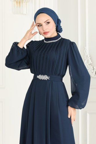 moda selvim Evening Dress 6056LPN858 Navy Blue - Thumbnail
