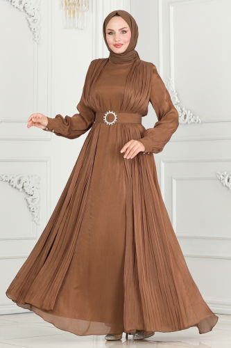 moda selvim Evening Dress 6078LPN858 Brown - Thumbnail