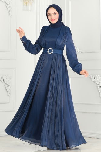 moda selvim Evening Dress 6078LPN858 Navy Blue - Thumbnail