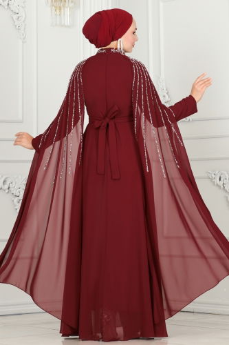 moda selvim Evening Dress 6088LPN858 Burgundy - Thumbnail