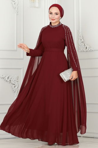 moda selvim EVENING DRESS 6088LPN858 Burgundy - Thumbnail