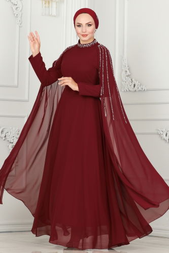 moda selvim EVENING DRESS 6088LPN858 Burgundy - Thumbnail