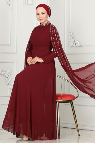 moda selvim Evening Dress 6088LPN858 Burgundy - Thumbnail