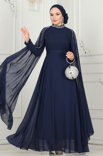 moda selvim Evening Dress 6088LPN858 Navy Blue - Thumbnail