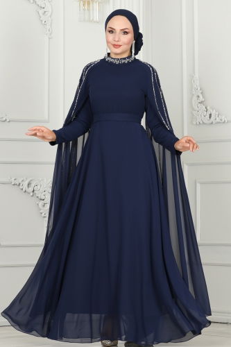 moda selvim Evening Dress 6088LPN858 Navy Blue - Thumbnail