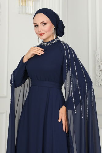 moda selvim Evening Dress 6088LPN858 Navy Blue - Thumbnail