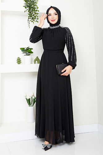 moda selvim Evening Dress 6089LPN909-M Black - Thumbnail