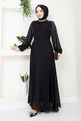 moda selvim فستان سهرة أسود 6089LPN909-M - Thumbnail