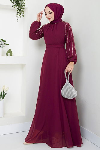 moda selvim Evening Dress 6089LPN909-M Damson - Thumbnail