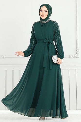 moda selvim فستان سهرة زيتي 6089LPN909-M - Thumbnail