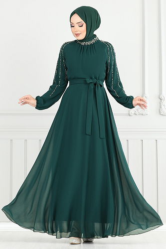 moda selvim فستان سهرة زيتي 6089LPN909-M - Thumbnail