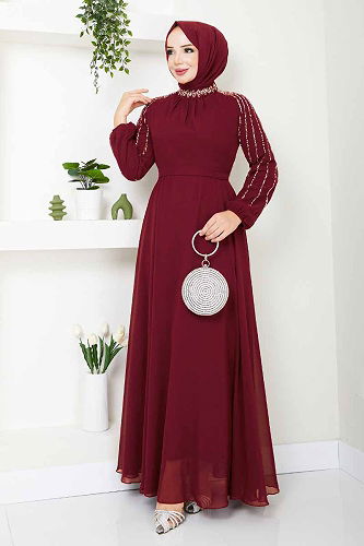 moda selvim Evening Dress 6089LPN909-M Light Burgundy - Thumbnail