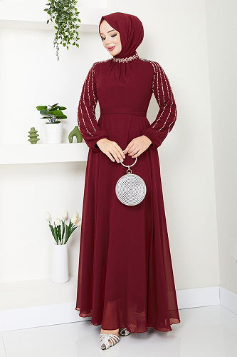 moda selvim Evening Dress 6089LPN909-M Light Burgundy - Thumbnail