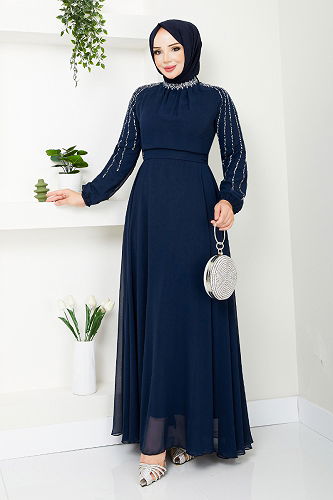 moda selvim فستان سهرة كحلي 6089LPN909-M - Thumbnail