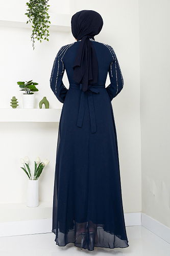 moda selvim فستان سهرة كحلي 6089LPN909-M - Thumbnail