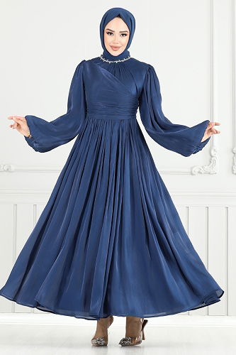 moda selvim Evening Dress 6180EMO919-M Navy Blue - Thumbnail