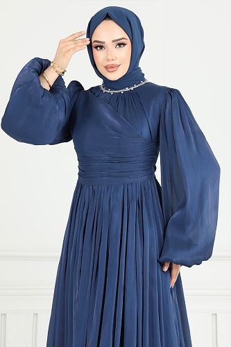 moda selvim فستان سهرة كحلي 6180EMO919-M - Thumbnail