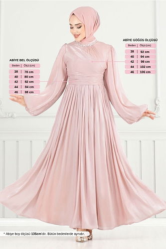 moda selvim فستان سهرة بيج وردي 6180EMO919-M - Thumbnail