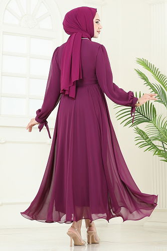 moda selvim Evening Dress 6217BSK463 Damson - Thumbnail