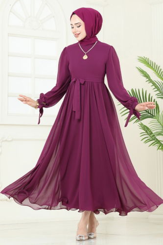 moda selvim Evening Dress 6217BSK463 Damson - Thumbnail