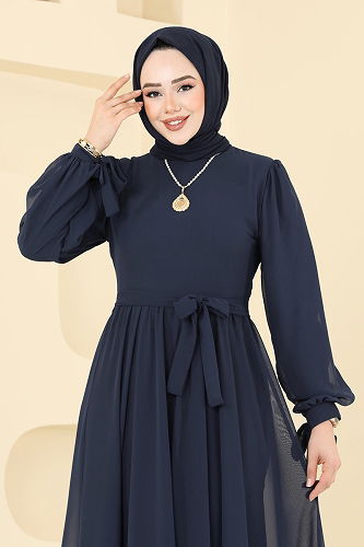 moda selvim Evening Dress 6217BSK463 Dark Navy Blue - Thumbnail