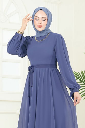 moda selvim Evening Dress 6217BSK463 Indigo - Thumbnail