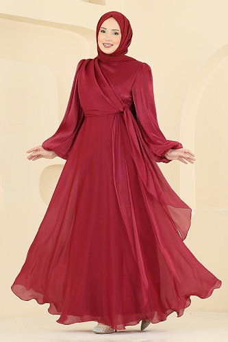 moda selvim Evening Dress 6219BSK463 Burgundy - Thumbnail