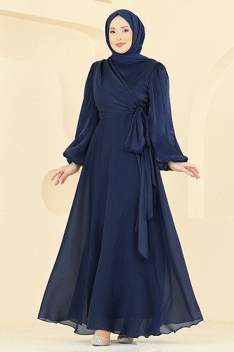 moda selvim Evening Dress 6219BSK463 Dark Navy Blue - Thumbnail